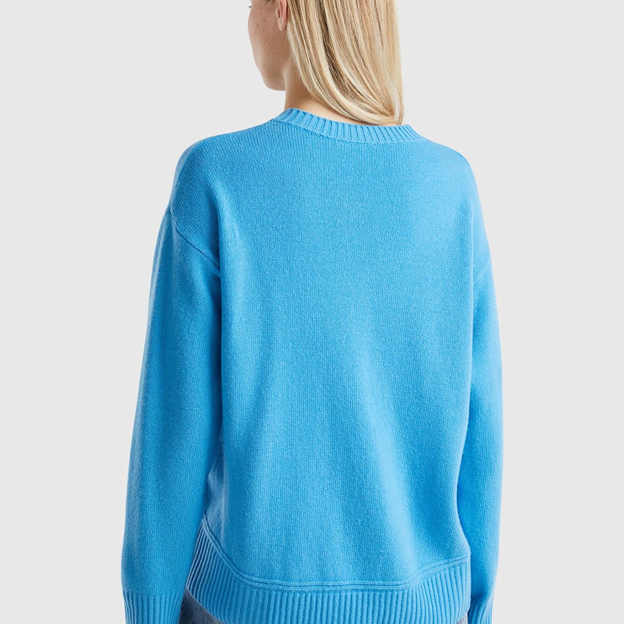 Kadın Mavi Yün Karışımlı Alt Kısmı Geniş Bisiklet Yaka Kazak