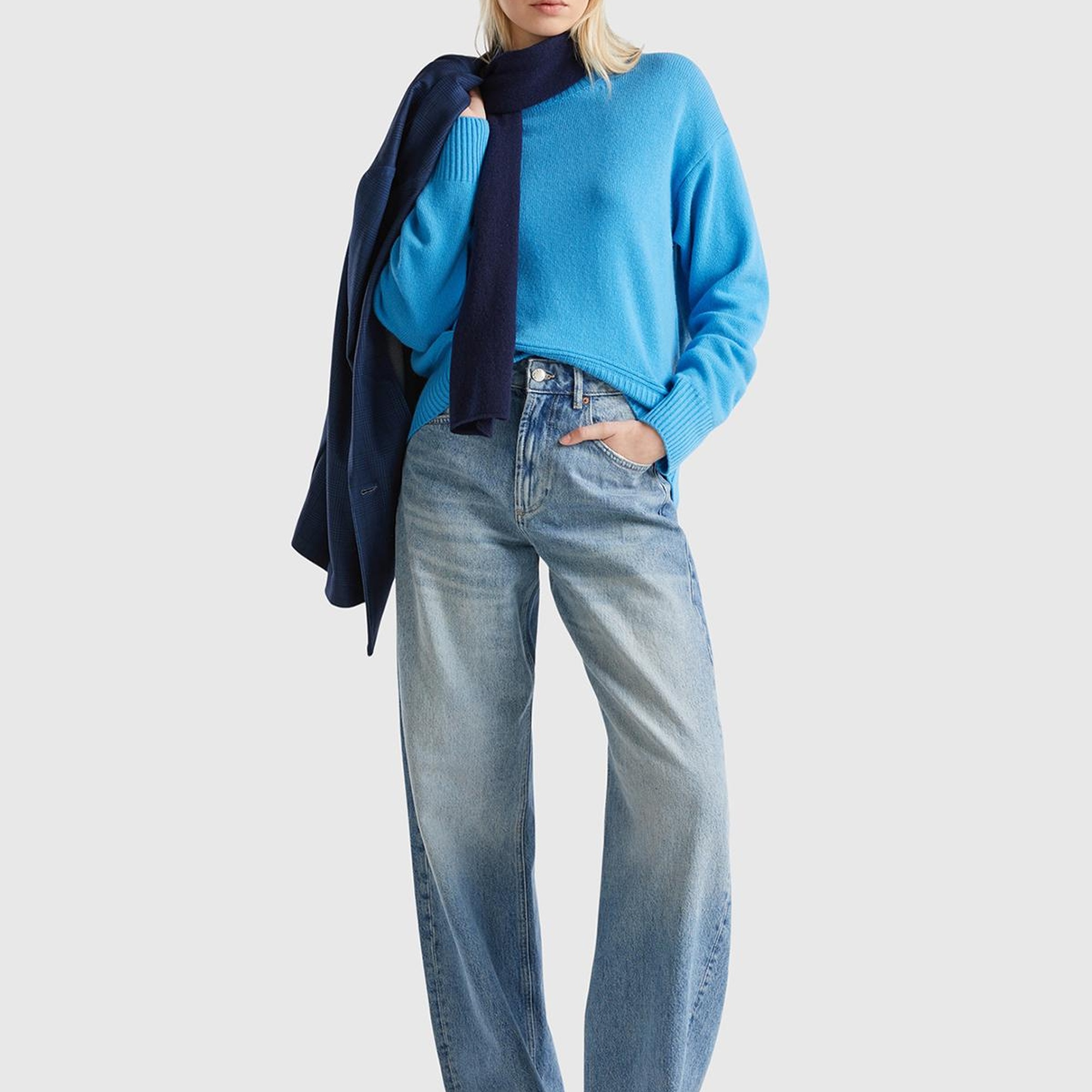 Kadın Mavi Yün Karışımlı Alt Kısmı Geniş Bisiklet Yaka Kazak