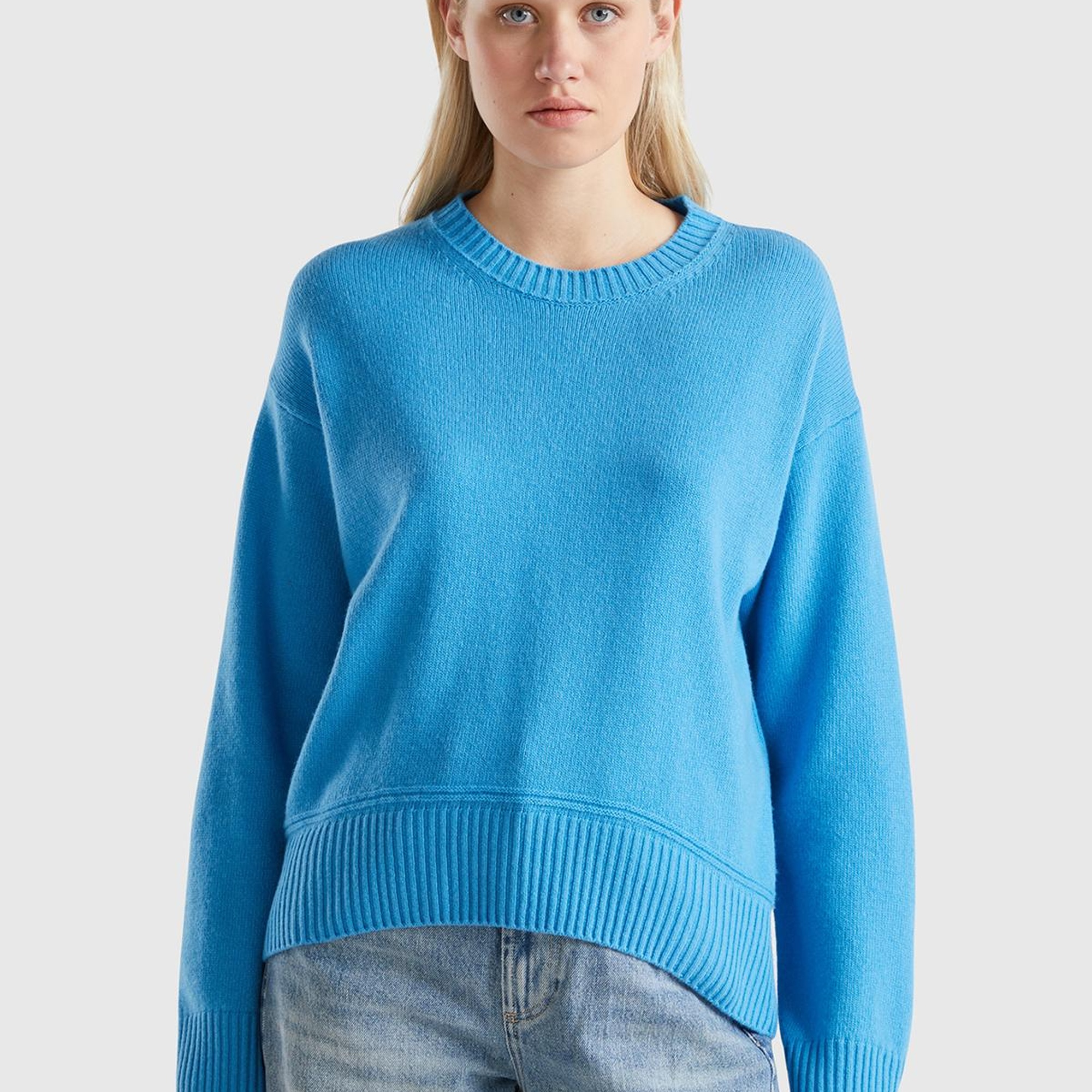 Kadın Mavi Yün Karışımlı Alt Kısmı Geniş Bisiklet Yaka Kazak