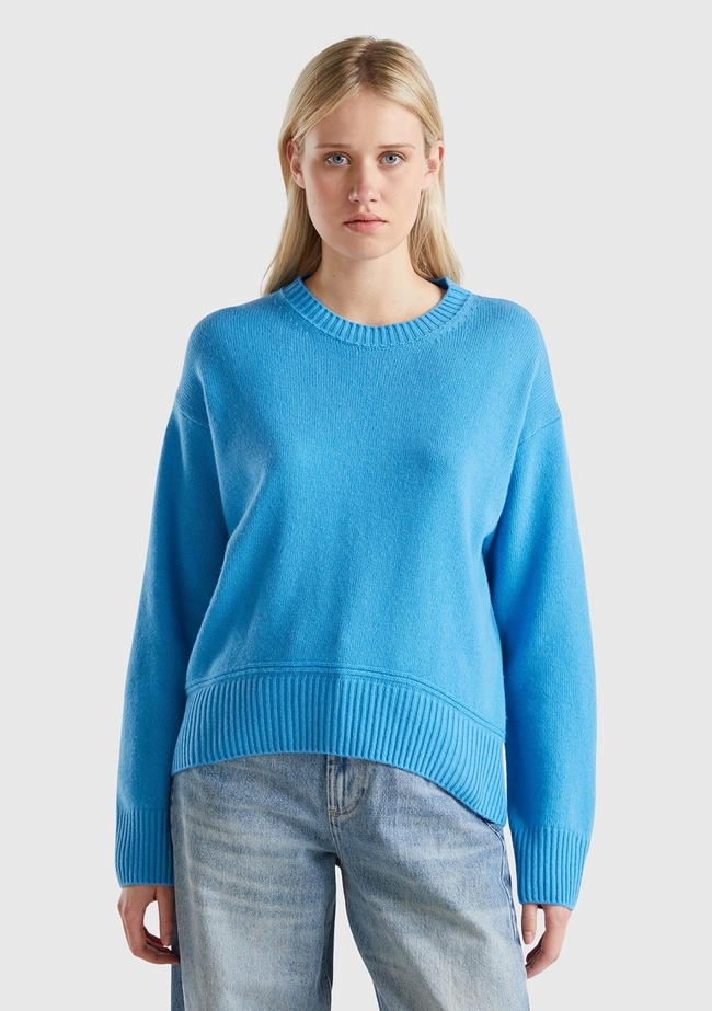  Kadın Mavi Yün Karışımlı Alt Kısmı Geniş Bisiklet Yaka Kazak