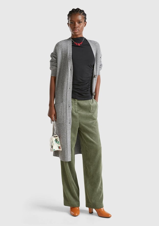  Kadın Gri Yün Karışımlı Önü Düğme Detaylı Cepli Uzun V Yaka Hırka