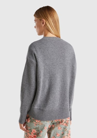  Kadın Antrasit Melanj Yün Karışımlı Alt Kısmı Geniş Bisiklet Yaka Kazak