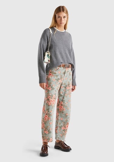  Kadın Antrasit Melanj Yün Karışımlı Alt Kısmı Geniş Bisiklet Yaka Kazak