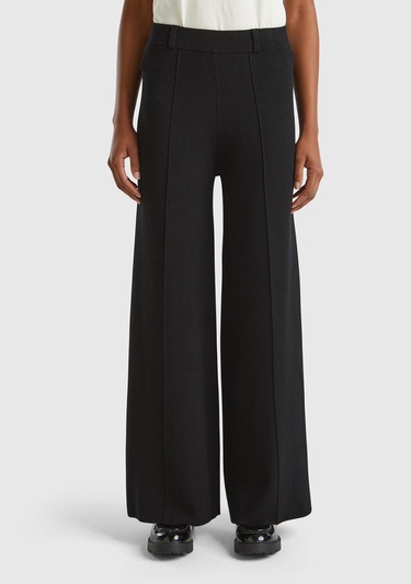  Kadın Siyah Viskoz Karışımlı Dikiş Detaylı Beli Elastik Palazzo Pantolon