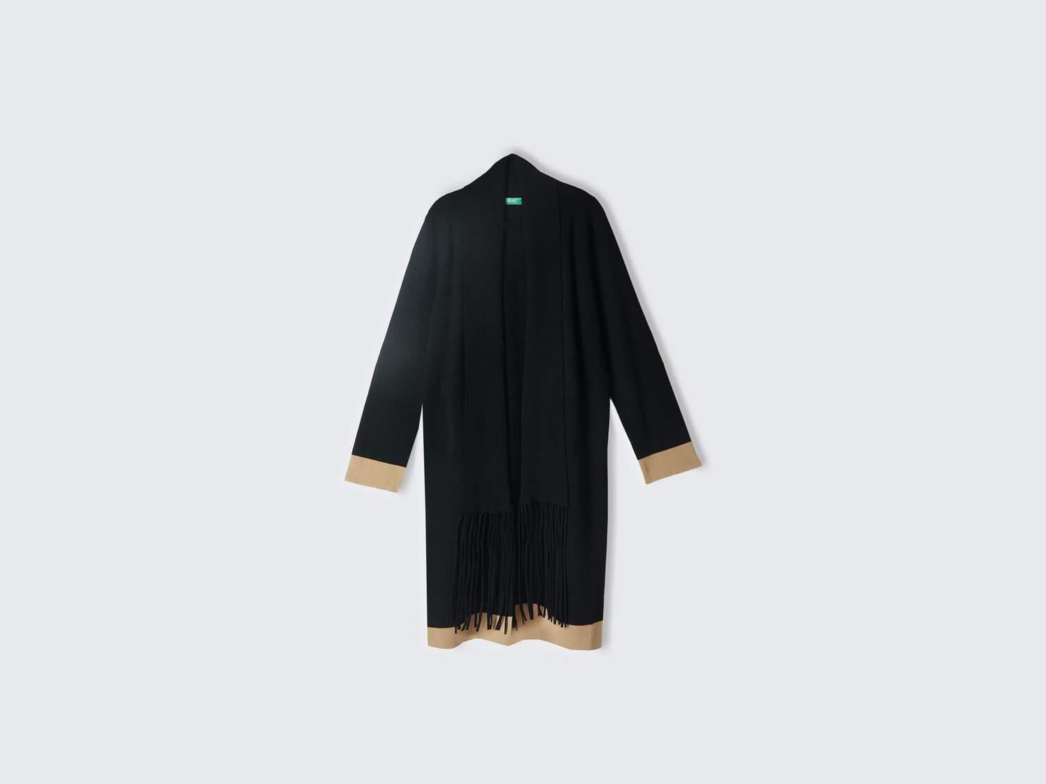  Kadın Siyah Viskoz Karışımlı Püsküllü Şal Yakalı Örme Hırka