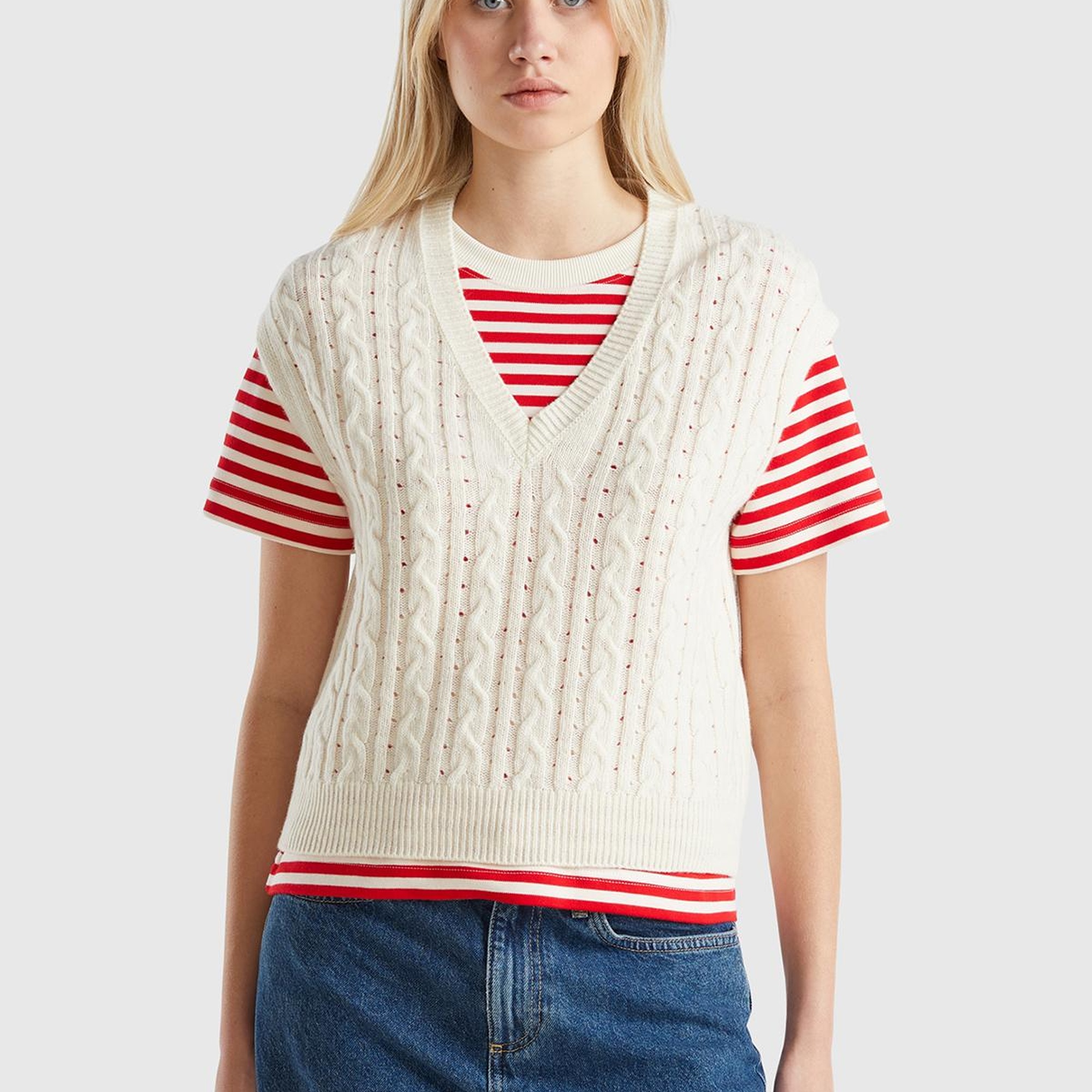 Kadın Krem Yün Karışımlı Örgü Detaylı V Yaka Kazak