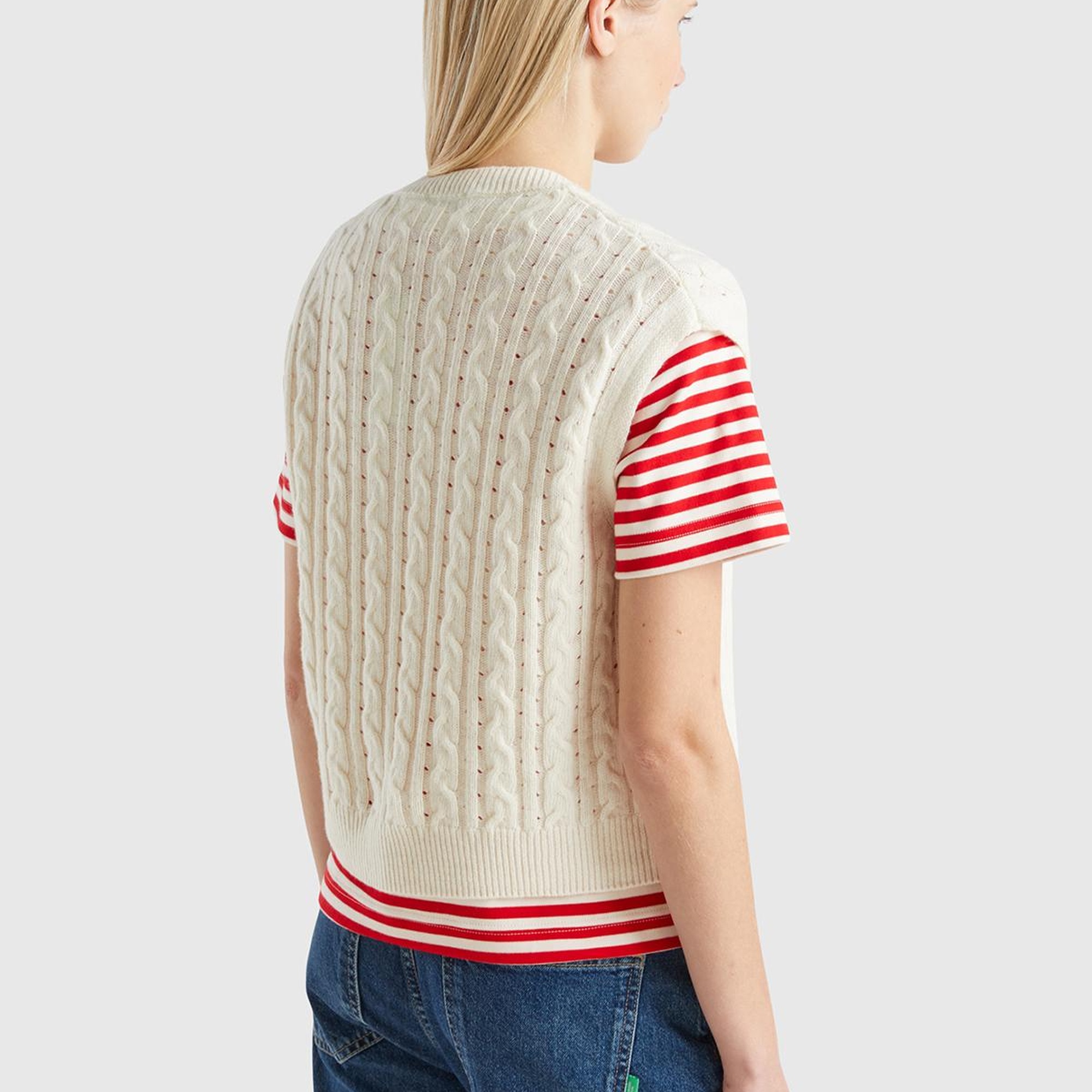 Kadın Krem Yün Karışımlı Örgü Detaylı V Yaka Kazak