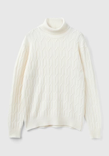  Erkek Krem Yün Karışımlı Ribanalı Balıkçı Yaka Kazak