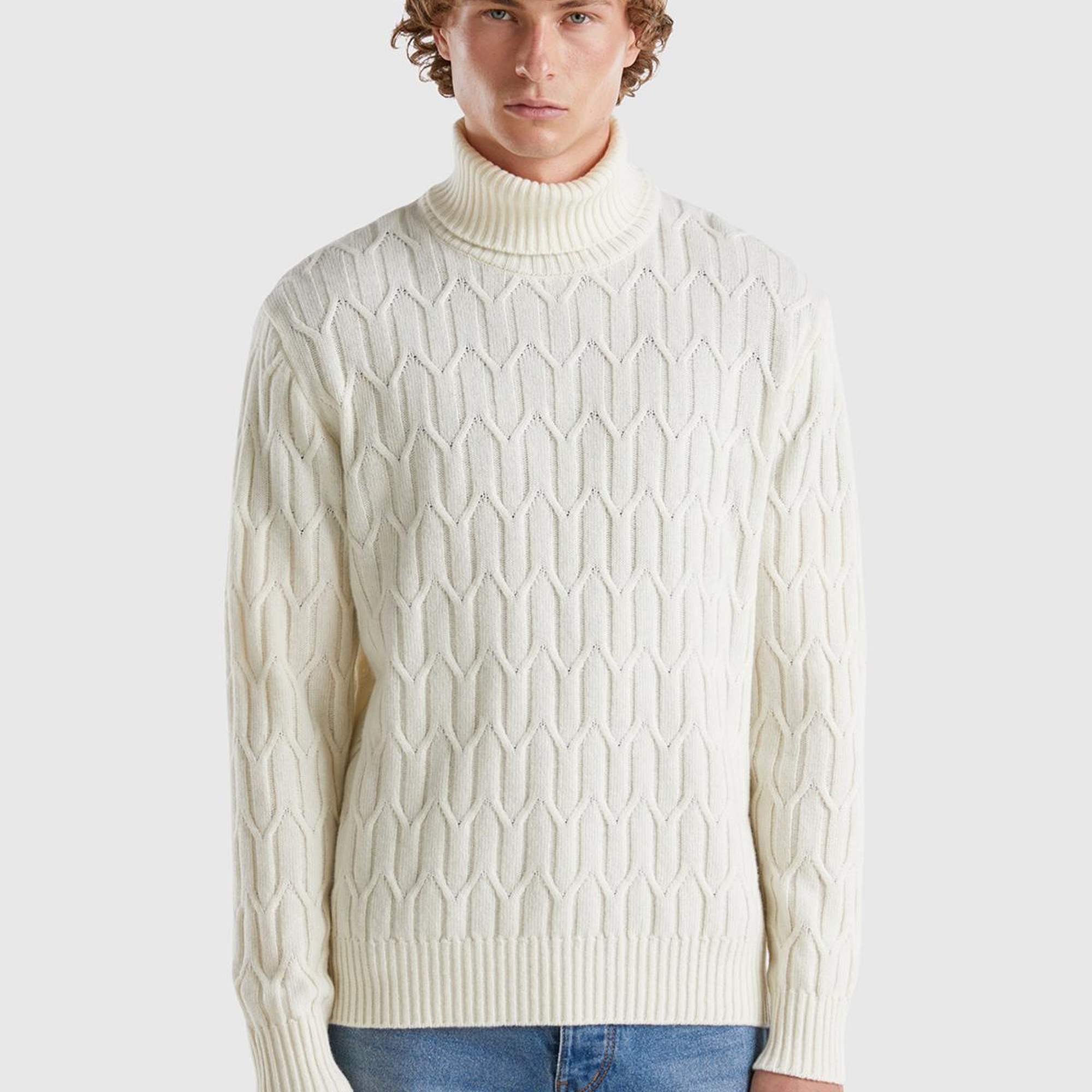 Erkek Krem Yün Karışımlı Ribanalı Balıkçı Yaka Kazak