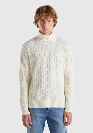  Erkek Krem Yün Karışımlı Ribanalı Balıkçı Yaka Kazak