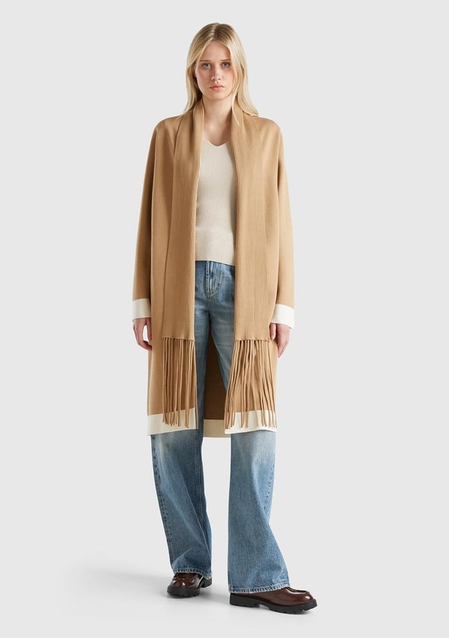  Kadın Bej Viskoz Karışımlı Püsküllü Şal Yakalı Örme Hırka