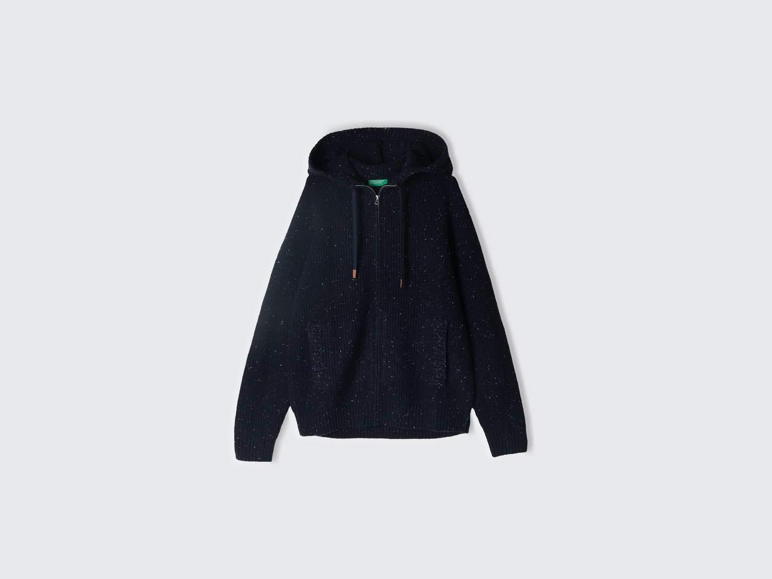  Erkek Siyah Yün Karışımlı Cepli Büzgü İpli Kapüşonlu Fermuarlı Hırka