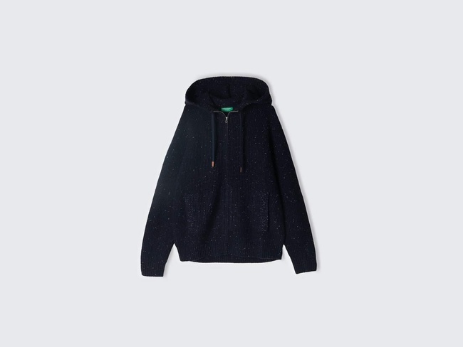  Erkek Siyah Yün Karışımlı Cepli Büzgü İpli Kapüşonlu Fermuarlı Hırka