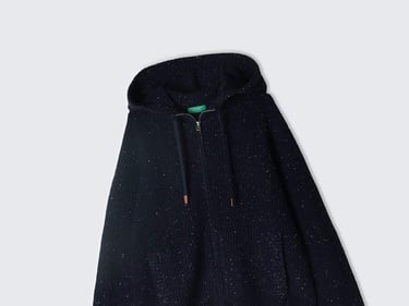  Erkek Siyah Yün Karışımlı Cepli Büzgü İpli Kapüşonlu Fermuarlı Hırka