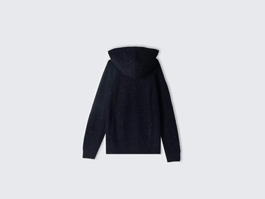  Erkek Siyah Yün Karışımlı Cepli Büzgü İpli Kapüşonlu Fermuarlı Hırka