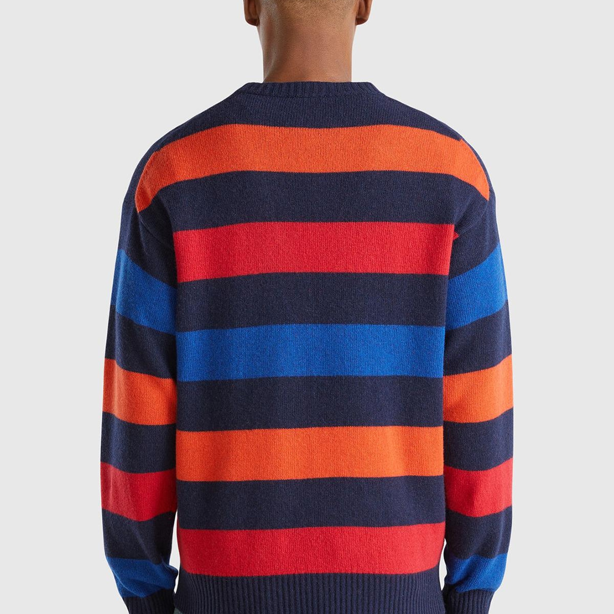 Erkek Kırmızı Mix Yün Karışımlı Yatay Çizgili Yubarlak Yaka Kazak