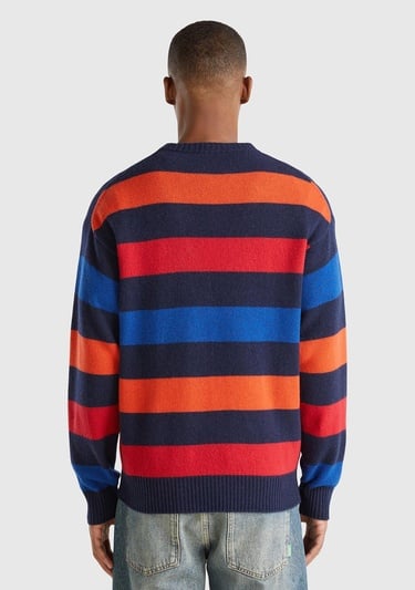  Erkek Kırmızı Mix Yün Karışımlı Yatay Çizgili Yubarlak Yaka Kazak