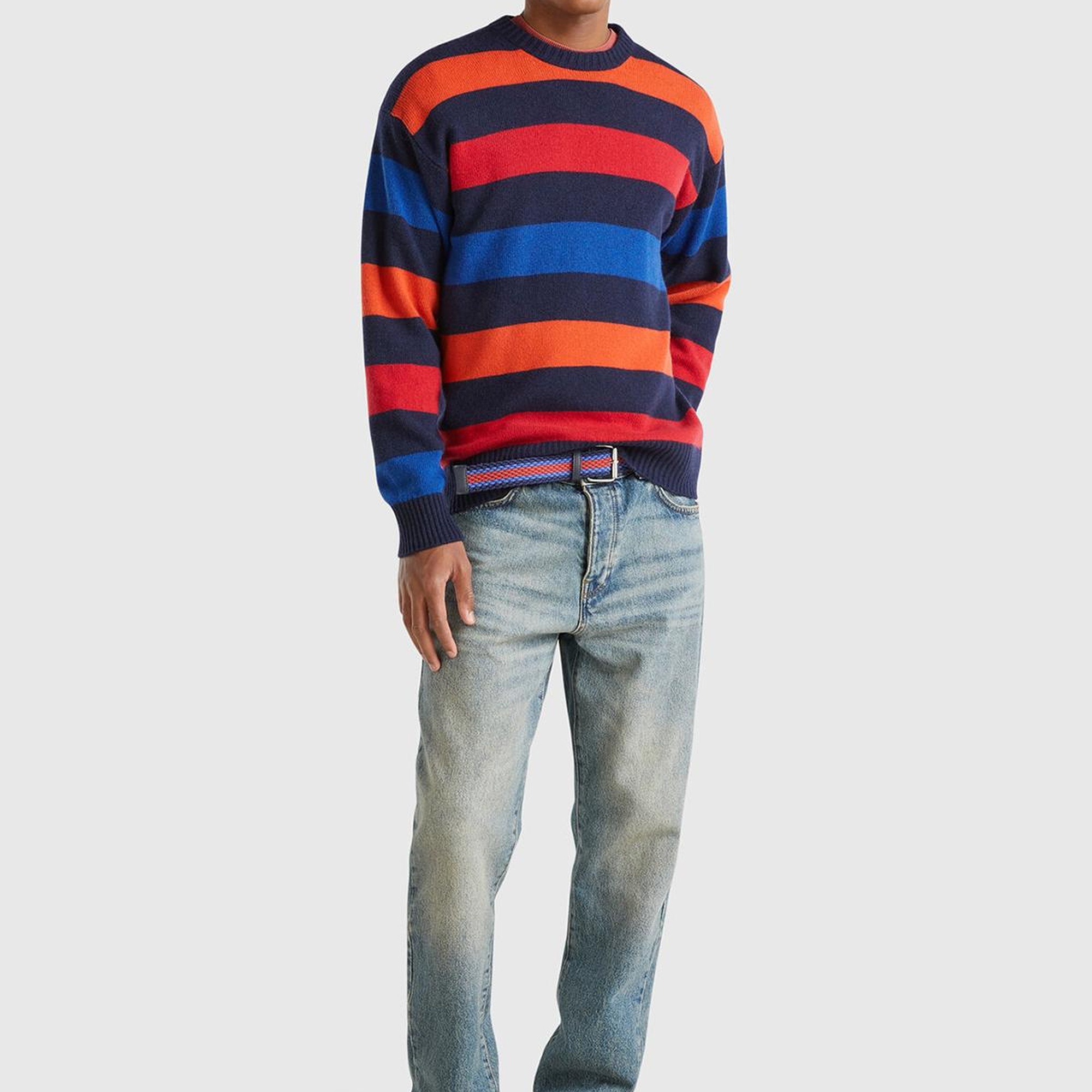 Erkek Kırmızı Mix Yün Karışımlı Yatay Çizgili Yubarlak Yaka Kazak