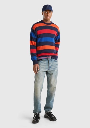  Erkek Kırmızı Mix Yün Karışımlı Yatay Çizgili Yubarlak Yaka Kazak