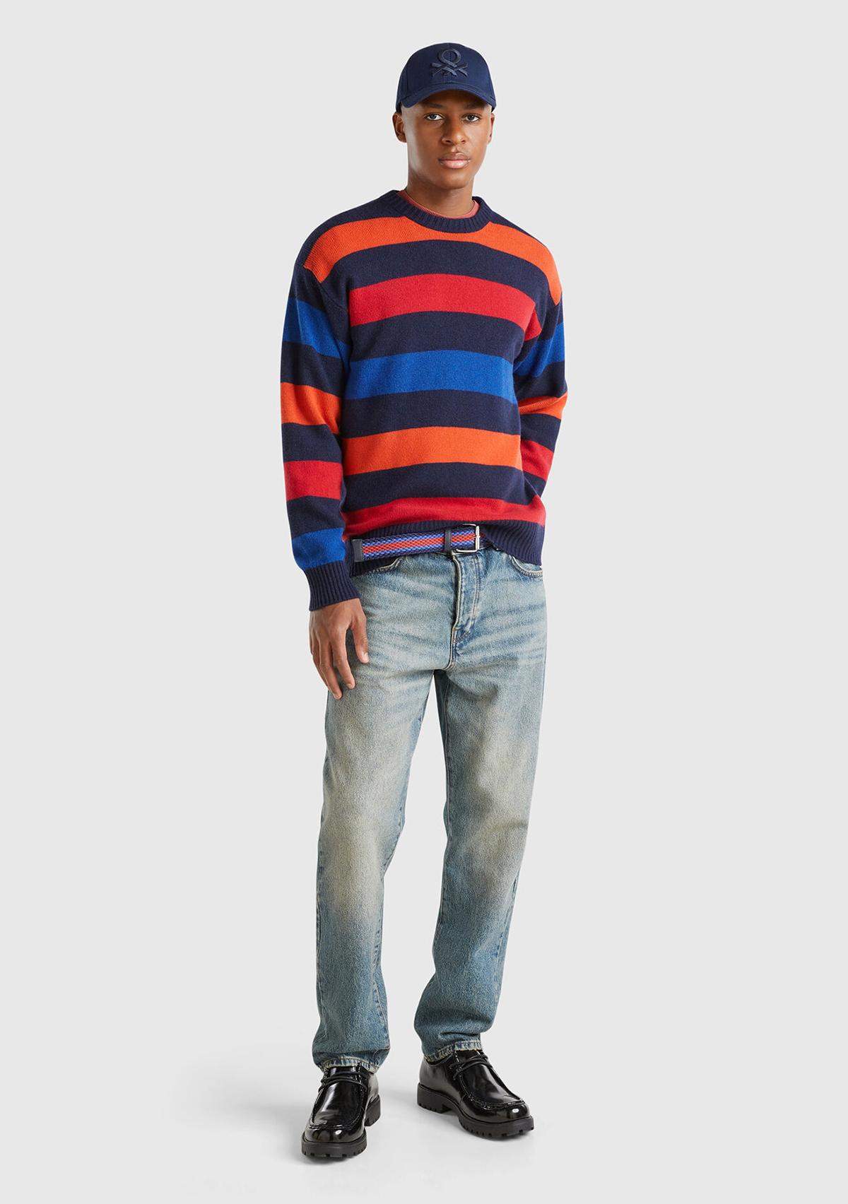  Erkek Kırmızı Mix Yün Karışımlı Yatay Çizgili Yubarlak Yaka Kazak