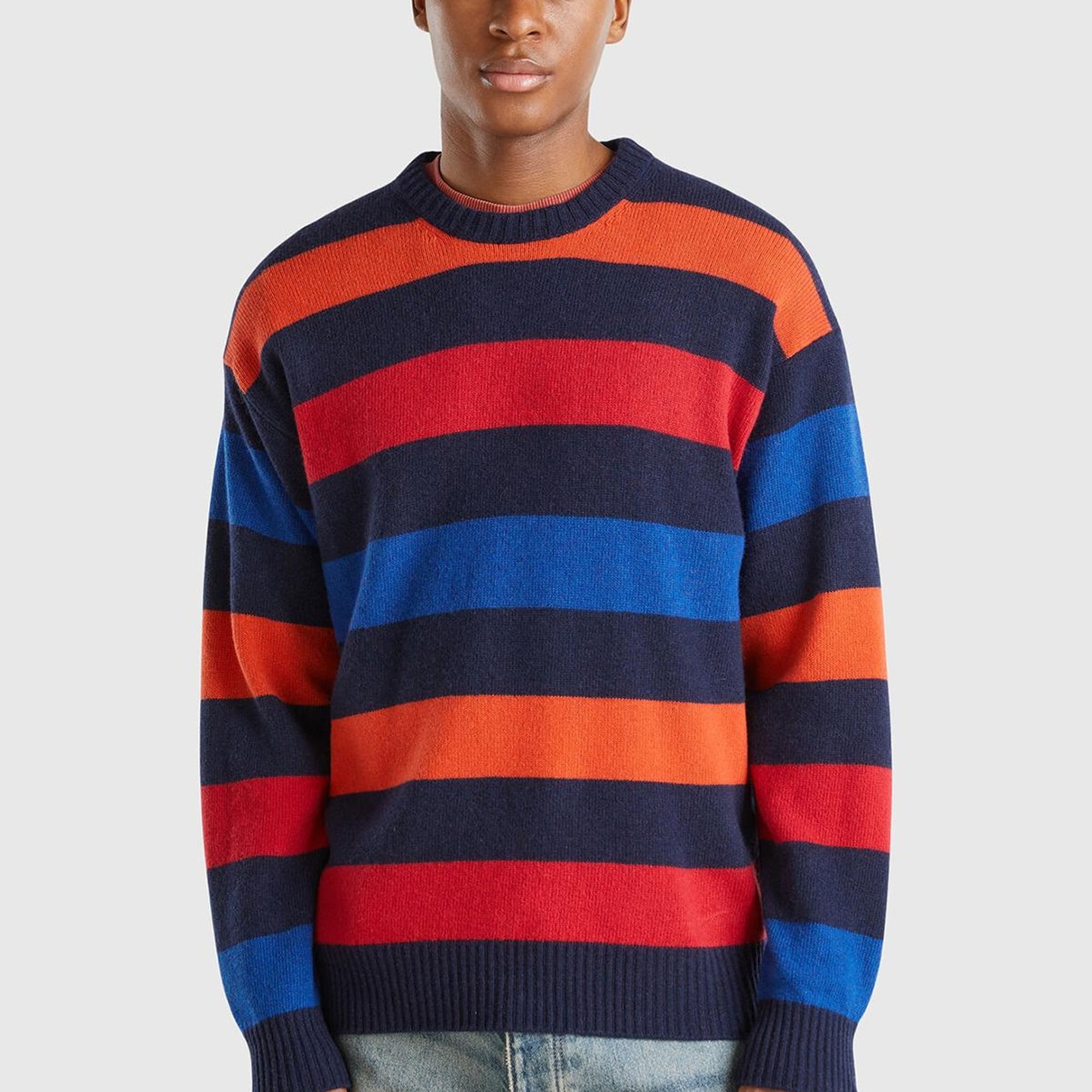 Erkek Kırmızı Mix Yün Karışımlı Yatay Çizgili Yubarlak Yaka Kazak