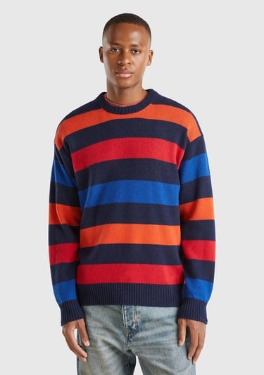  Erkek Kırmızı Mix Yün Karışımlı Yatay Çizgili Yubarlak Yaka Kazak