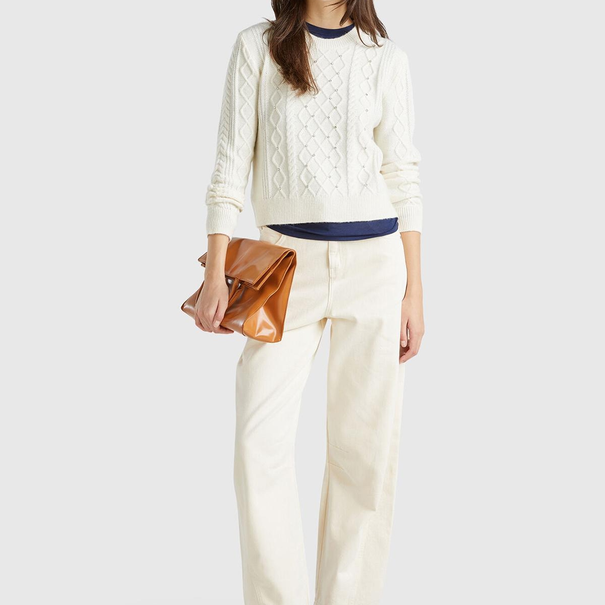 Kadın Krem Pamuk ve Yün Karışımlı Örgü Taş Detaylı Yuvarlak Yaka Kazak