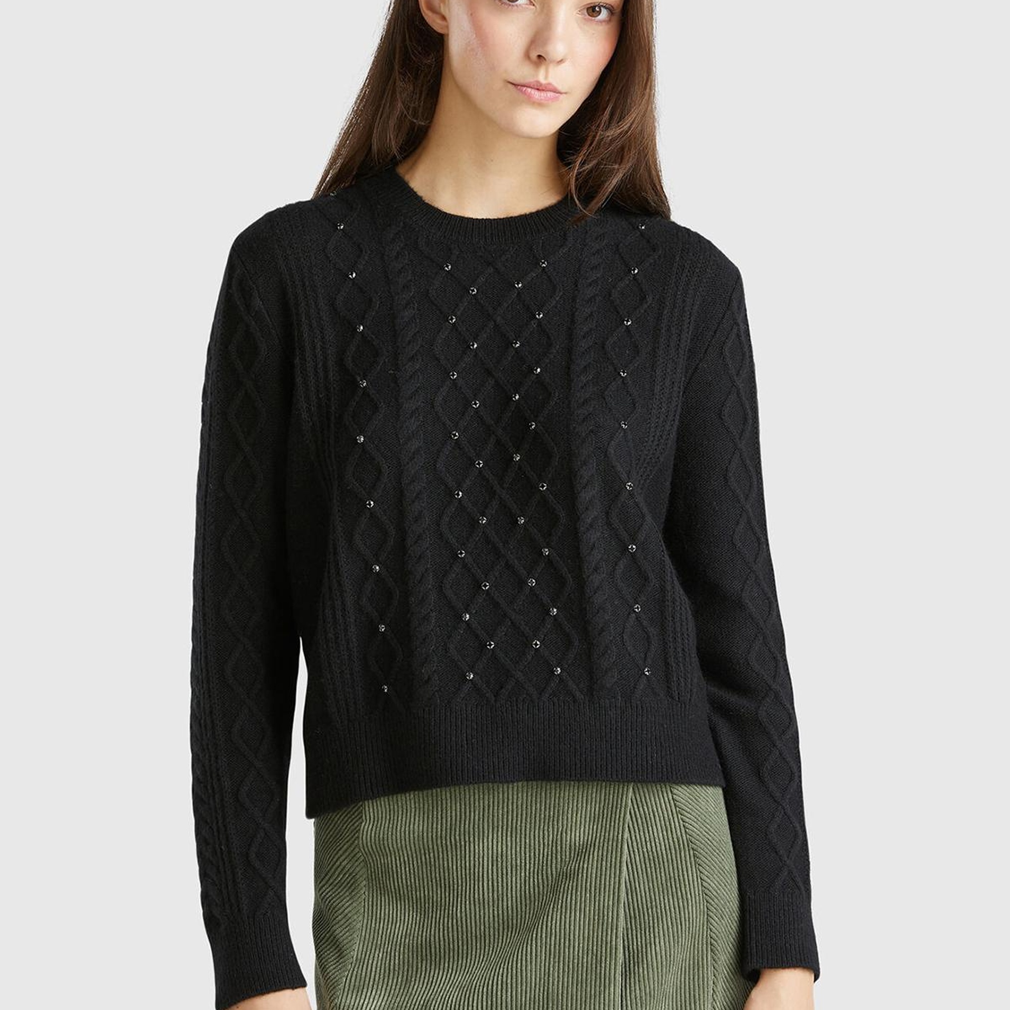 Kadın Siyah Pamuk ve Yün Karışımlı Örgü Taş Detaylı Yuvarlak Yaka Kazak