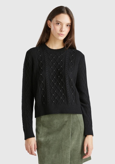  Kadın Siyah Pamuk ve Yün Karışımlı Örgü Taş Detaylı Yuvarlak Yaka Kazak