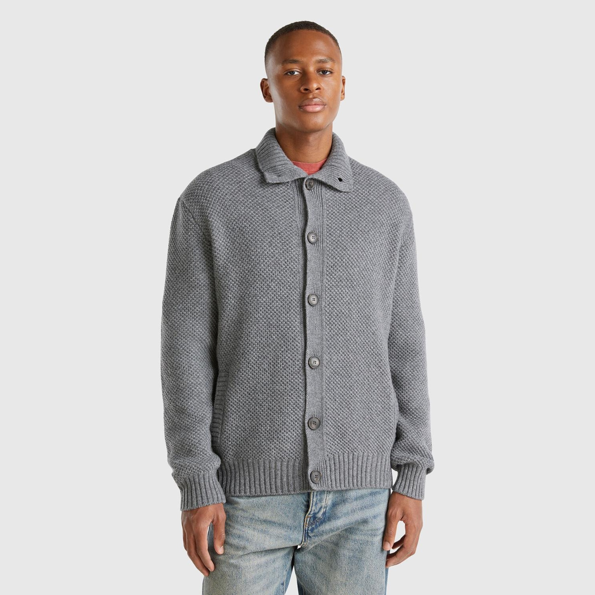 Erkek Antrasit Melanj Yün Karışımlı Yanları Cepli Önü Düğmeli Kazak