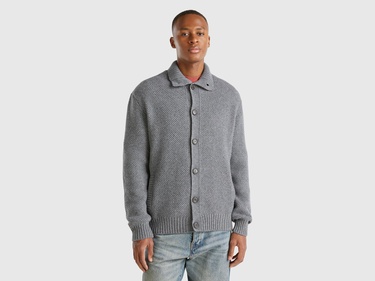  Erkek Antrasit Melanj Yün Karışımlı Yanları Cepli Önü Düğmeli Kazak