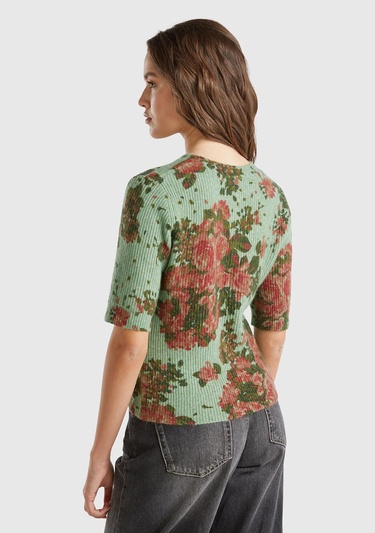  Kadın Yeşil Yün Karışımlı Tamamı Çiçek Desenli Bisiklet Yaka Kısa Kazak