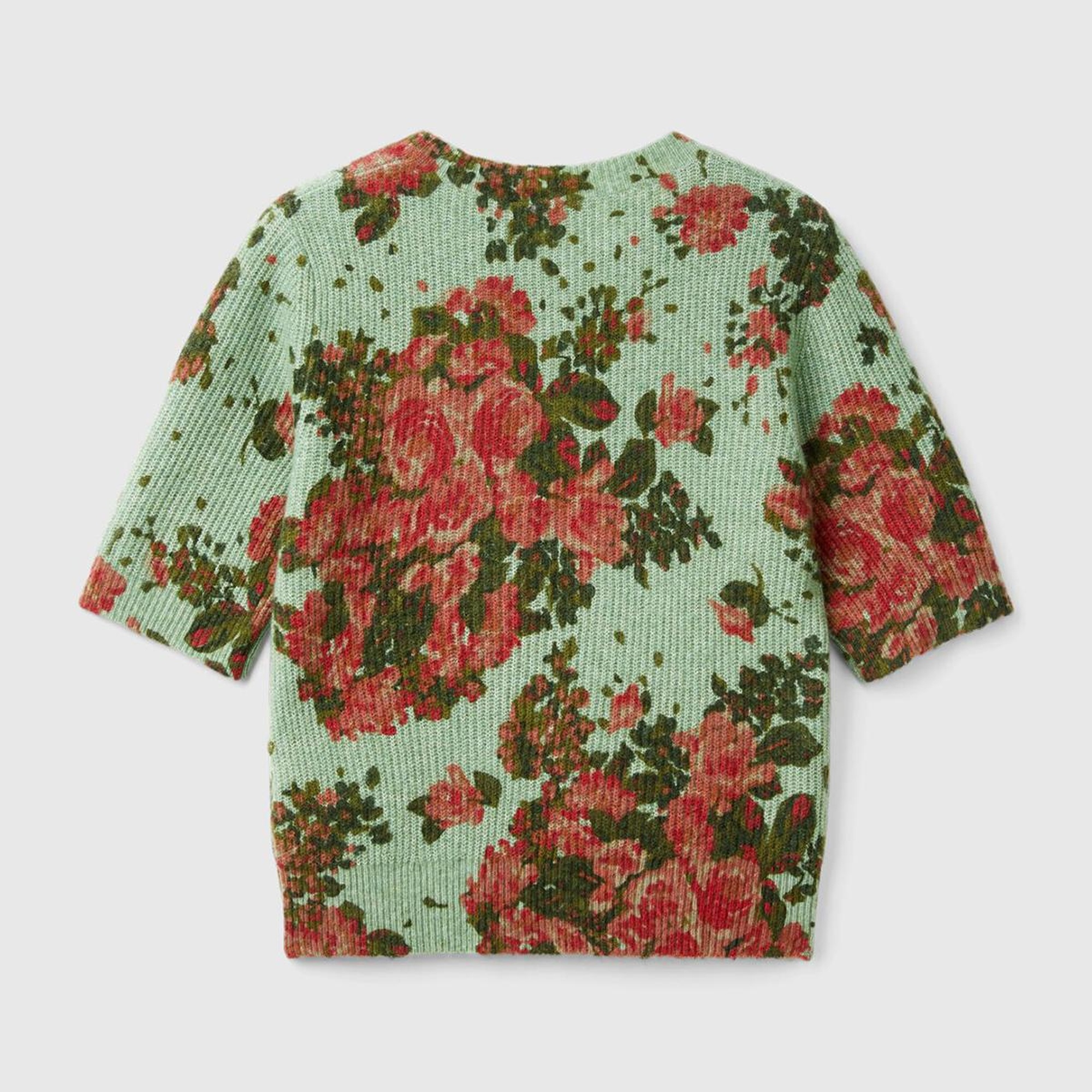 Kadın Yeşil Yün Karışımlı Tamamı Çiçek Desenli Bisiklet Yaka Kısa Kazak