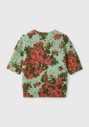  Kadın Yeşil Yün Karışımlı Tamamı Çiçek Desenli Bisiklet Yaka Kısa Kazak