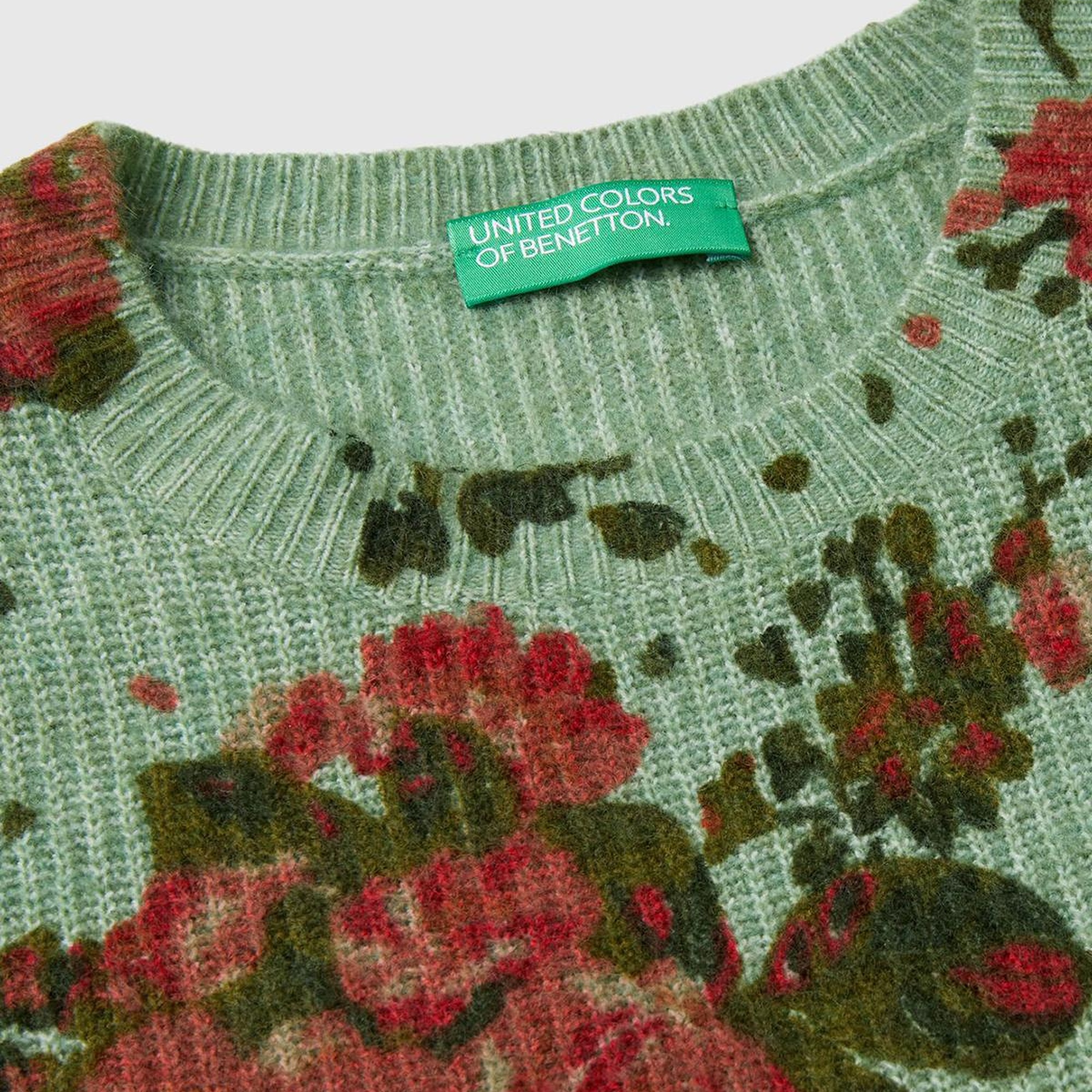 Kadın Yeşil Yün Karışımlı Tamamı Çiçek Desenli Bisiklet Yaka Kısa Kazak