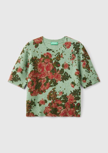  Kadın Yeşil Yün Karışımlı Tamamı Çiçek Desenli Bisiklet Yaka Kısa Kazak