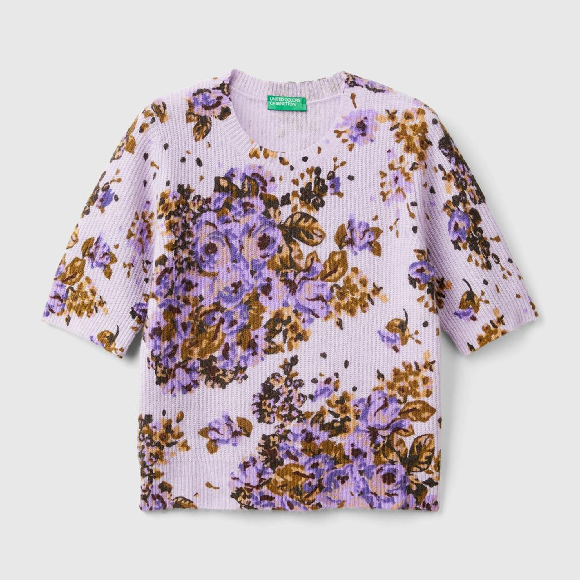 Kadın Lila Yün Karışımlı Tamamı Çiçek Desenli Bisiklet Yaka Kısa Kazak