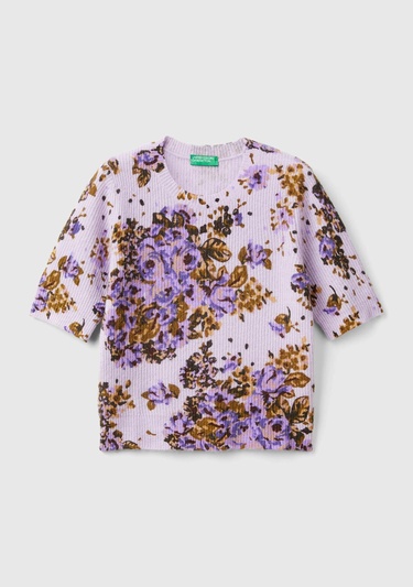  Kadın Lila Yün Karışımlı Tamamı Çiçek Desenli Bisiklet Yaka Kısa Kazak