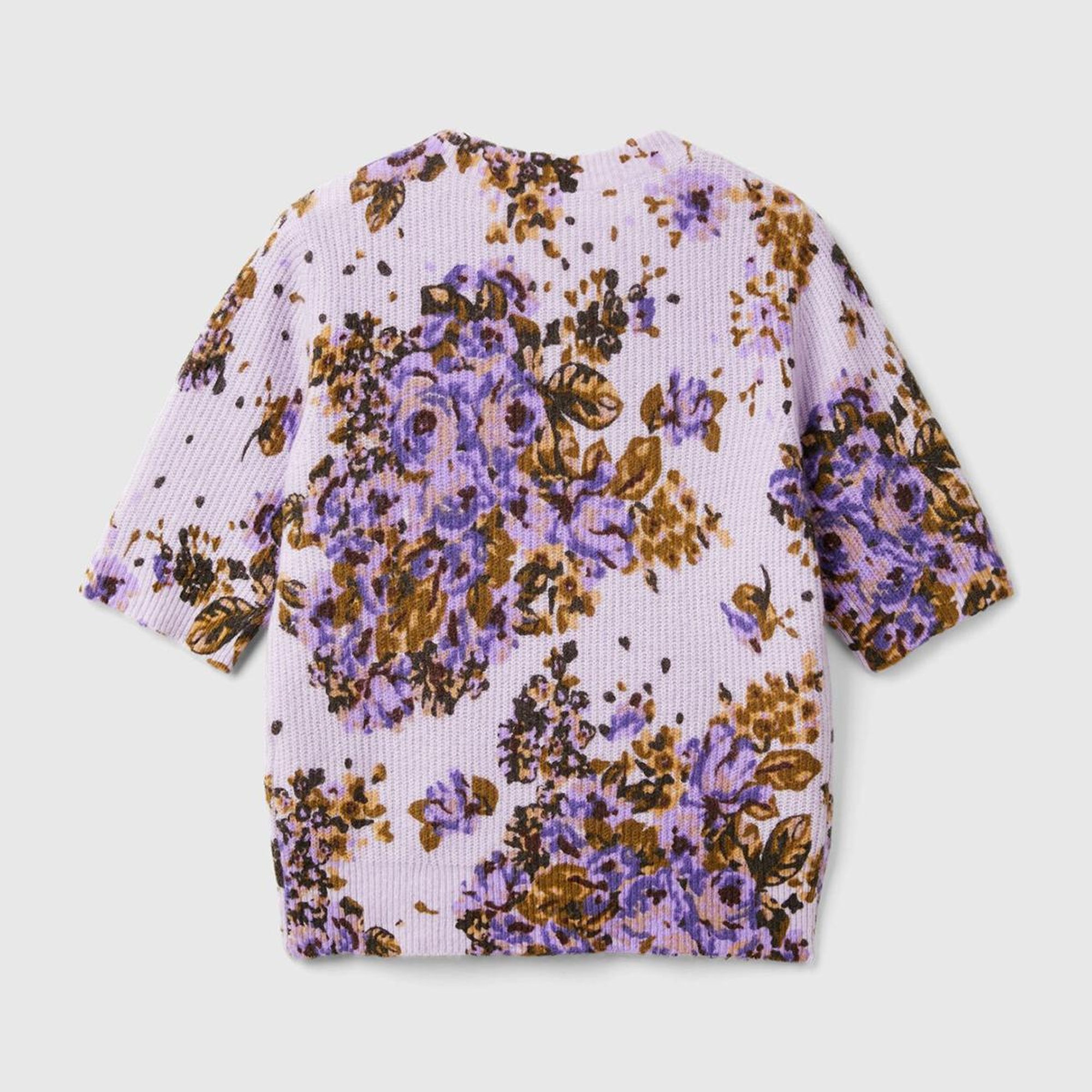 Kadın Lila Yün Karışımlı Tamamı Çiçek Desenli Bisiklet Yaka Kısa Kazak