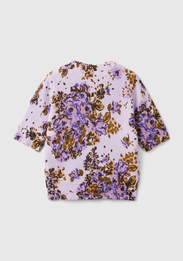  Kadın Lila Yün Karışımlı Tamamı Çiçek Desenli Bisiklet Yaka Kısa Kazak