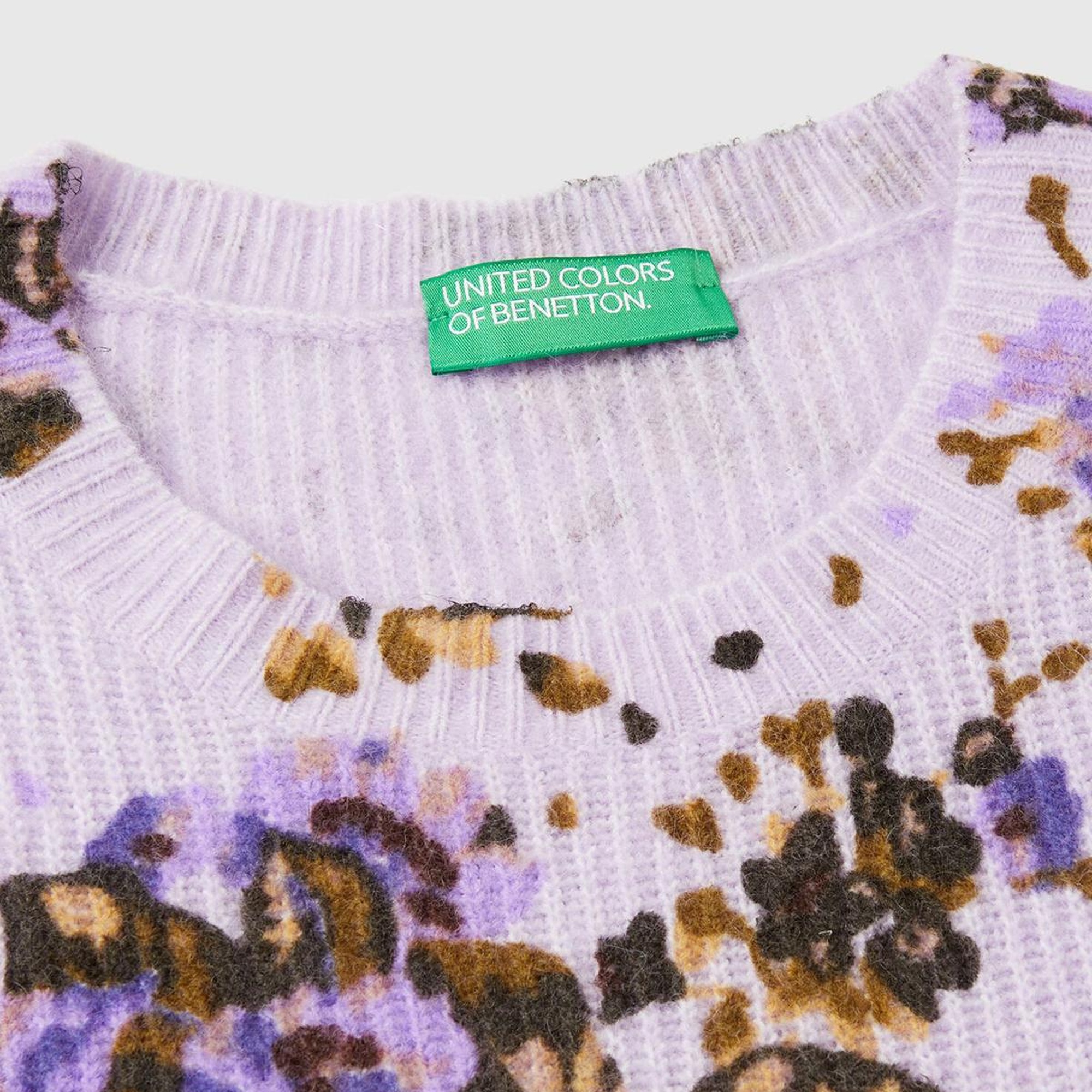 Kadın Lila Yün Karışımlı Tamamı Çiçek Desenli Bisiklet Yaka Kısa Kazak