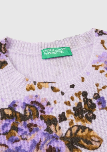  Kadın Lila Yün Karışımlı Tamamı Çiçek Desenli Bisiklet Yaka Kısa Kazak