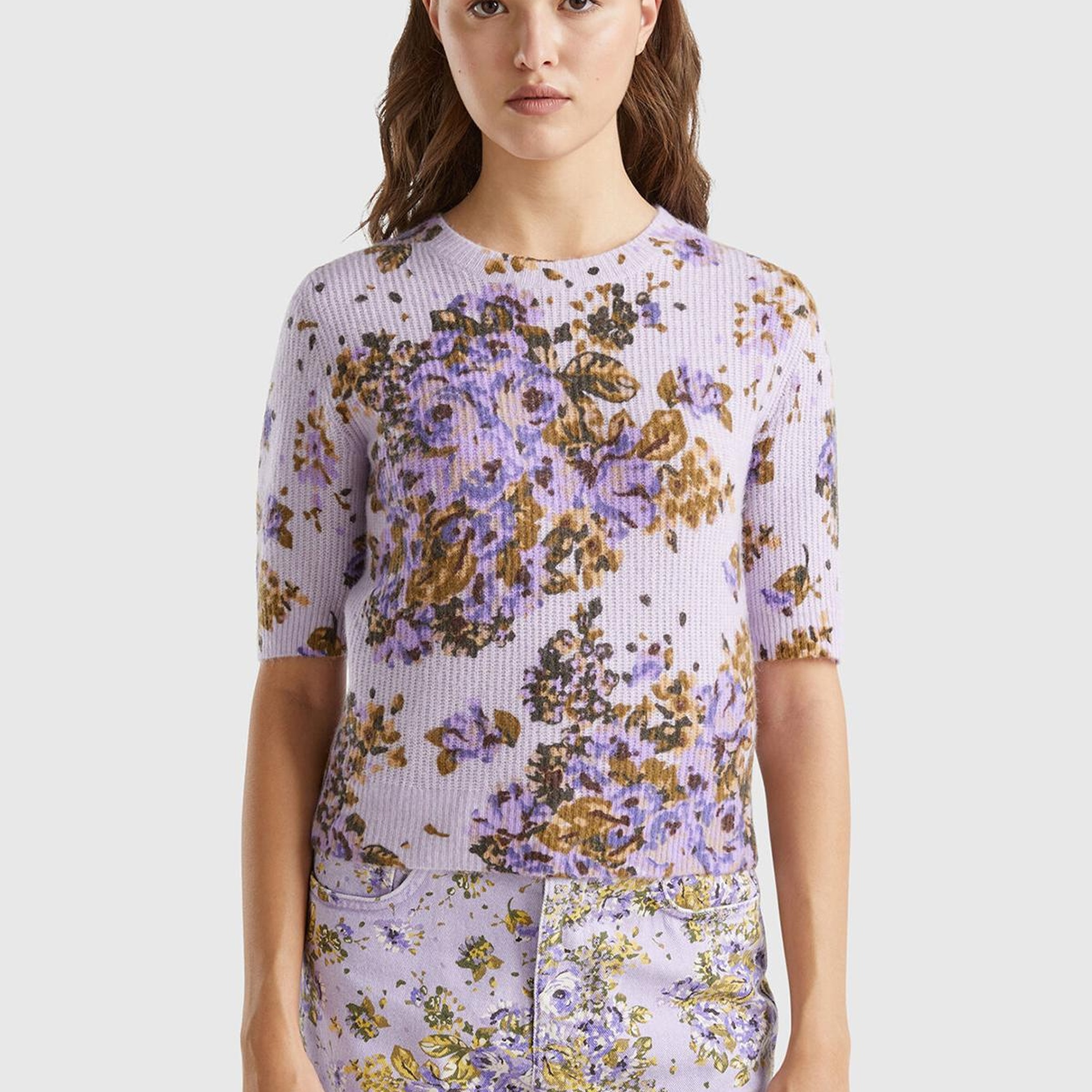 Kadın Lila Yün Karışımlı Tamamı Çiçek Desenli Bisiklet Yaka Kısa Kazak