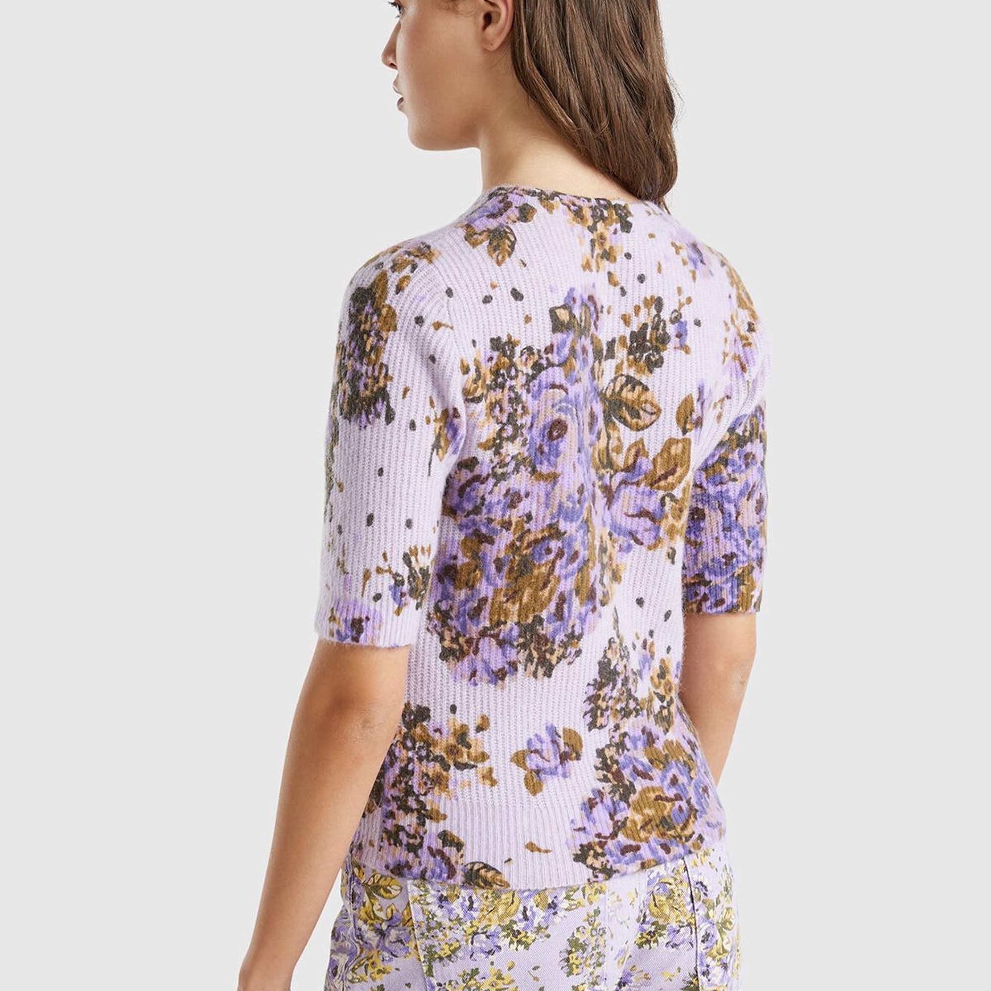 Kadın Lila Yün Karışımlı Tamamı Çiçek Desenli Bisiklet Yaka Kısa Kazak