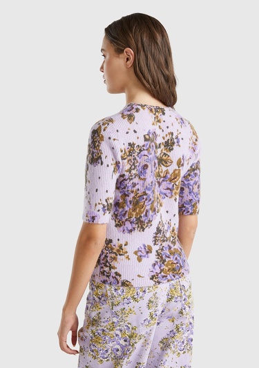  Kadın Lila Yün Karışımlı Tamamı Çiçek Desenli Bisiklet Yaka Kısa Kazak