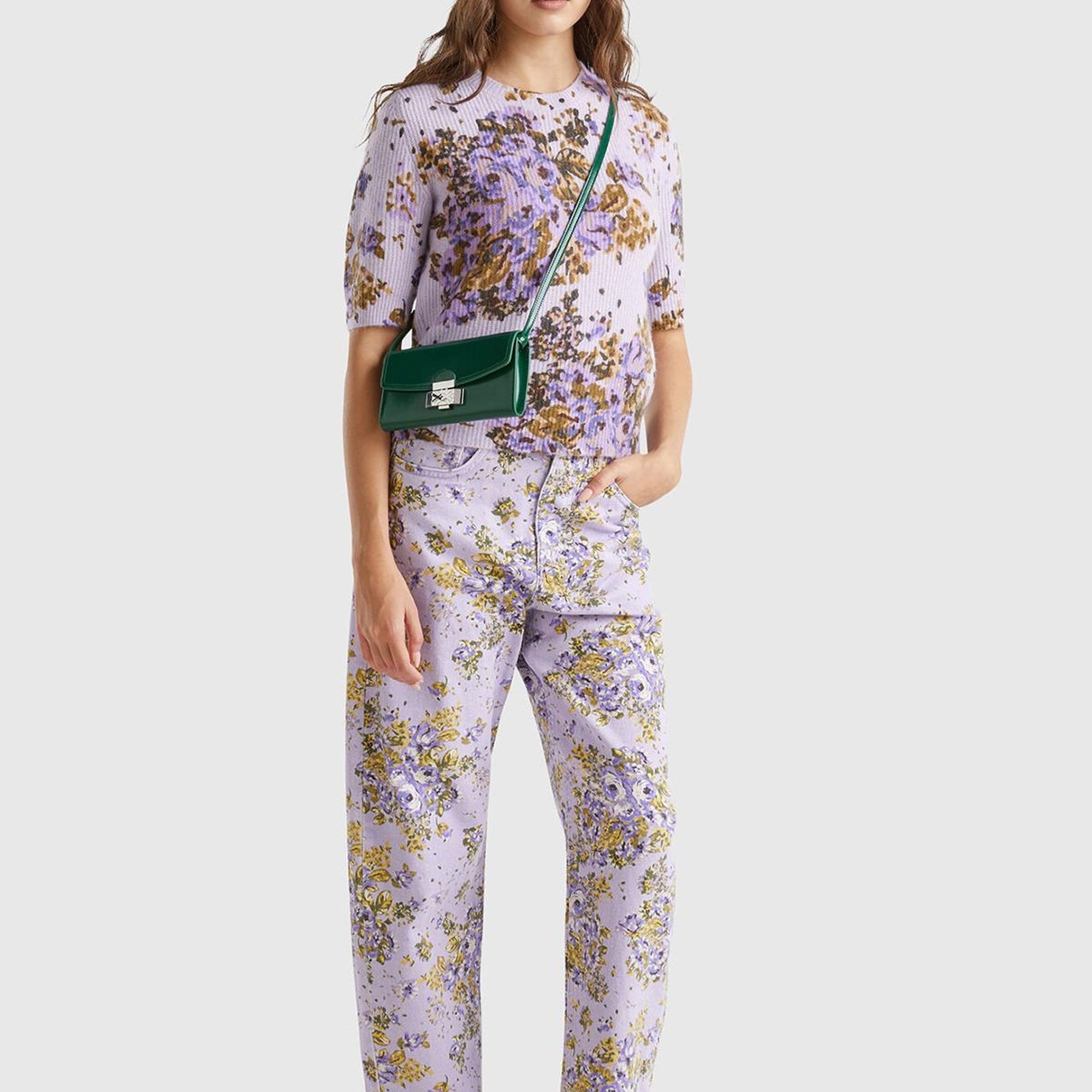 Kadın Lila Yün Karışımlı Tamamı Çiçek Desenli Bisiklet Yaka Kısa Kazak