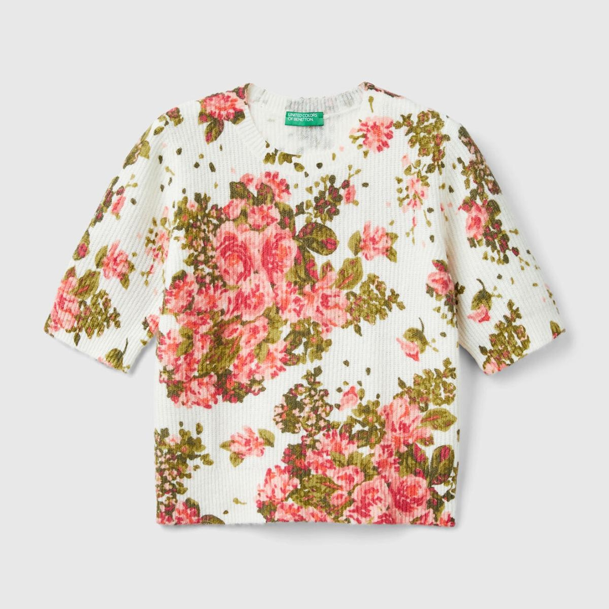 Kadın Beyaz Yün Karışımlı Tamamı Çiçek Desenli Bisiklet Yaka Kısa Kazak