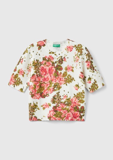  Kadın Beyaz Yün Karışımlı Tamamı Çiçek Desenli Bisiklet Yaka Kısa Kazak