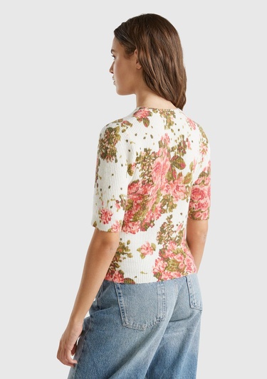  Kadın Beyaz Yün Karışımlı Tamamı Çiçek Desenli Bisiklet Yaka Kısa Kazak