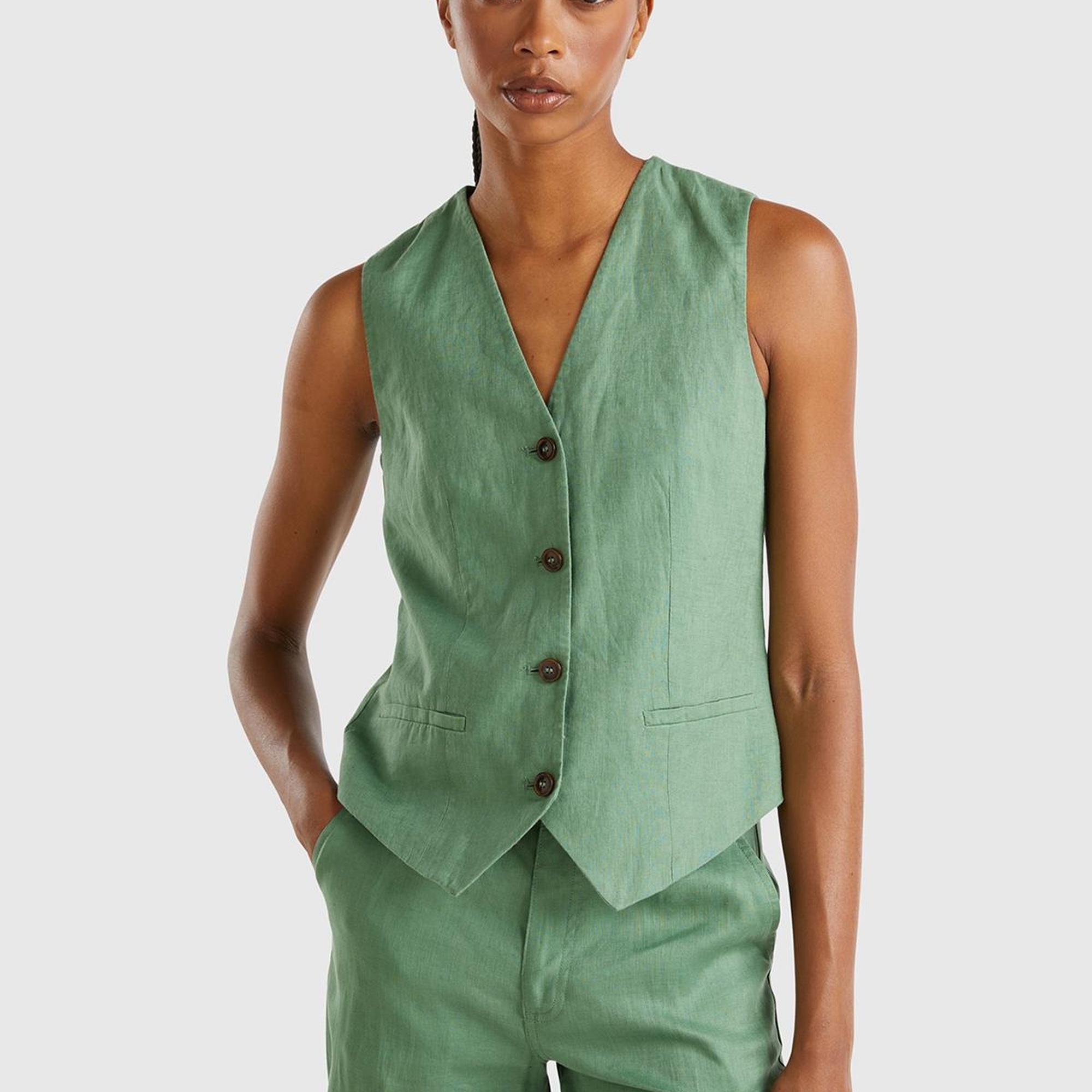 Kadın Mint Yeşili %100 Keten Önü Düğme İliklemeli V Yaka Yelek